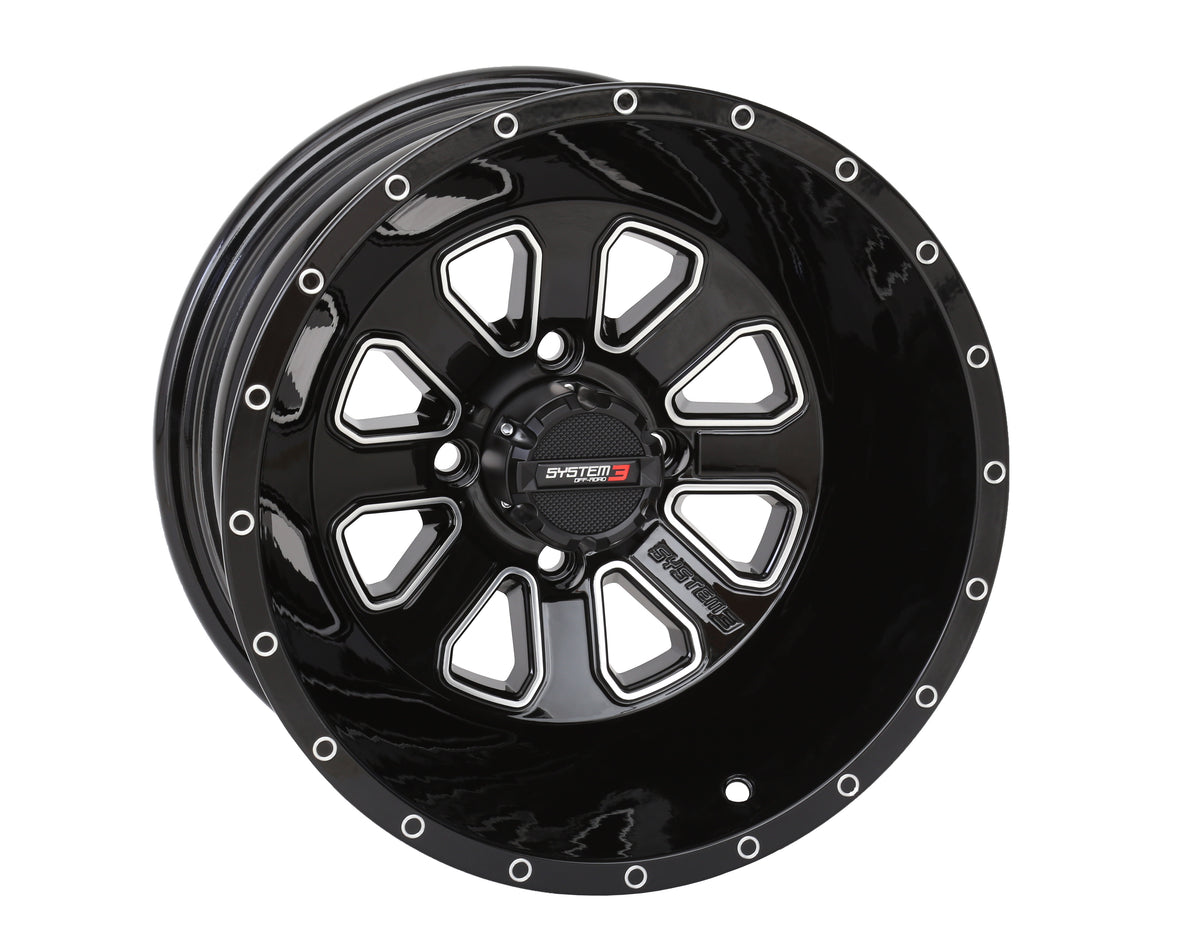 System 3 ST4 Wheel 14X7 2+5 (-47MM) 4/110 Gloss Black/Machined 14S3-4111 for Honda / Yamaha