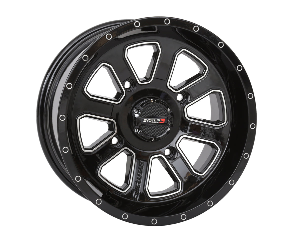 System 3 ST4 Wheel 14X7 4+3 (+10MM) 4/156 Gloss Black/Machined 14S3-4156 for Arctic Cat / Kawasaki & More