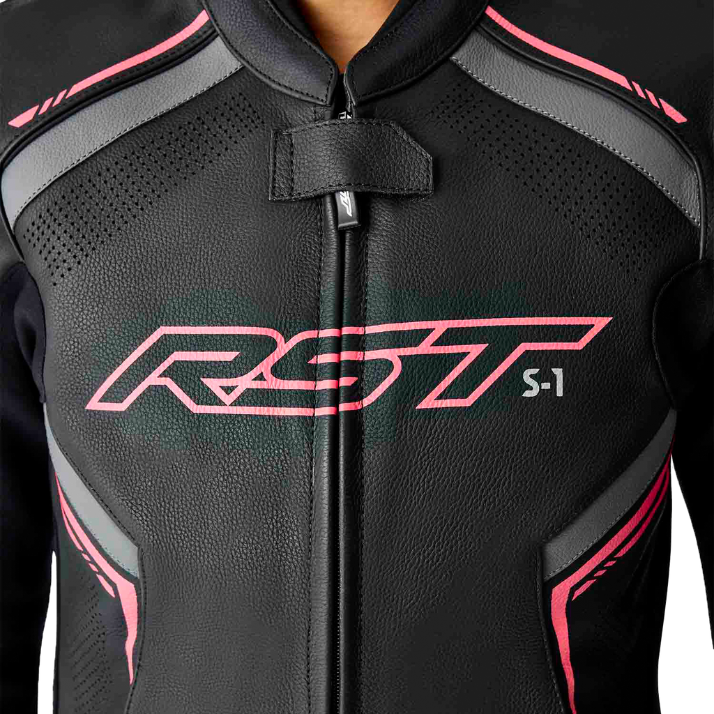 RST Womens S1 D3O Leather Jacket BLK/FLO Pink MD 103626PNK-12