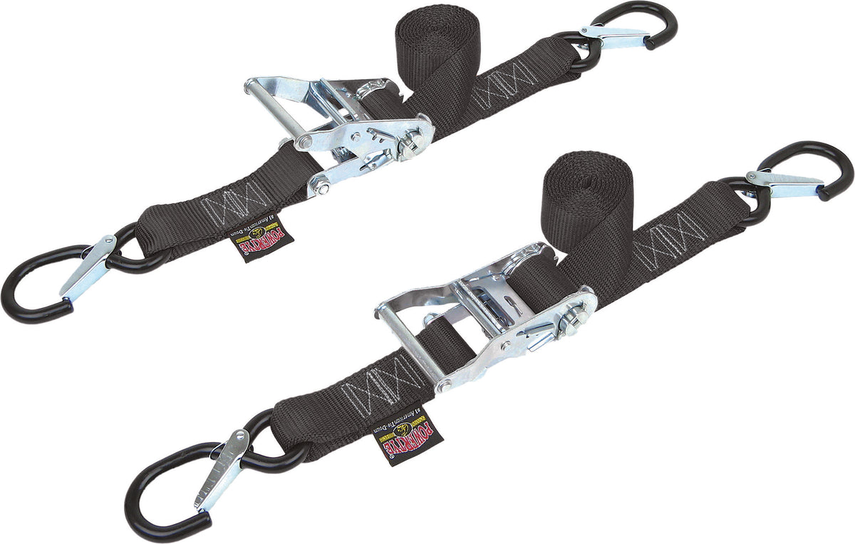 Powertye 1 1/2" Fat Ratchet Straps w/Secure Hooks TIE-Down Ratchet SEC Hook 1.5"X6' Black Pair 30572-S