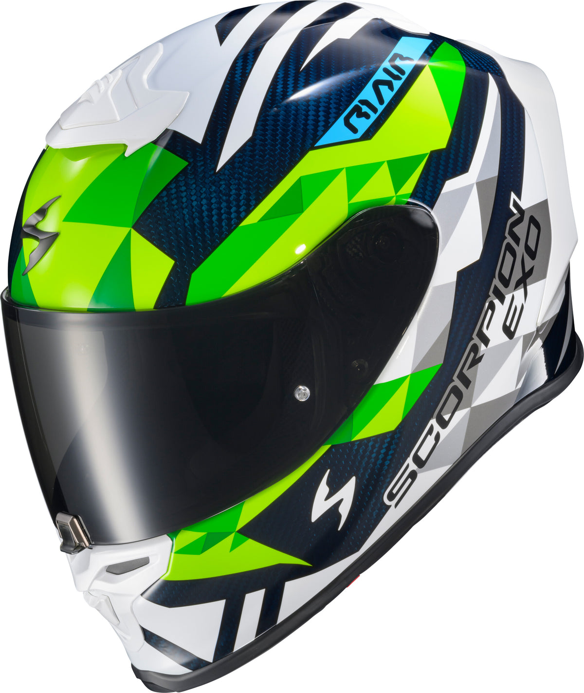 Scorpion EXO EXO-R1 Air Full Face Helmet Carbon Rastor WHT/GRN/Blue LG R1C-2105