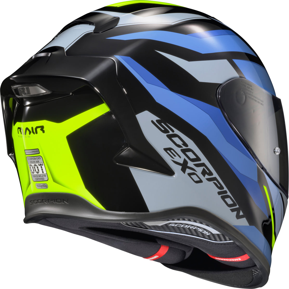 Scorpion EXO EXO-R1 Air Full Face Helmet Raven Black/Blue/HI VIZ 2X R1-2307