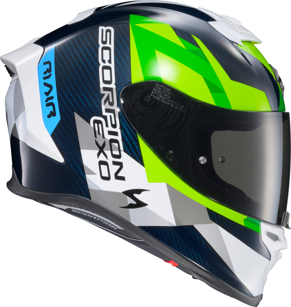 Scorpion EXO EXO-R1 Air Full Face Helmet Carbon Rastor WHT/GRN/Blue MD R1C-2104