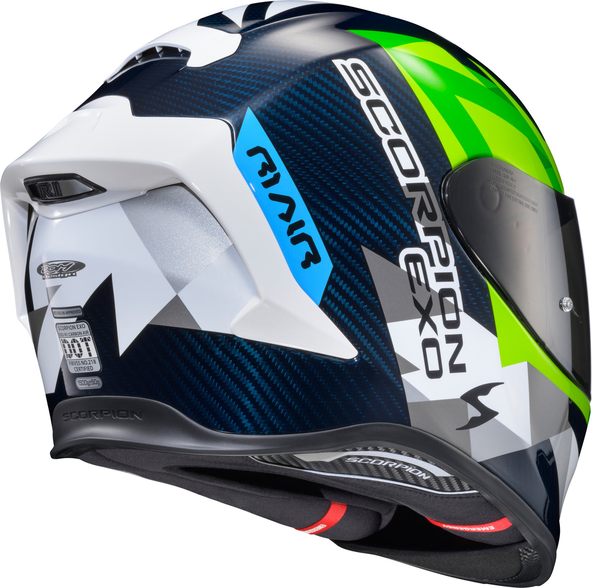 Scorpion EXO EXO-R1 Air Full Face Helmet Carbon Rastor WHT/GRN/Blue XL R1C-2106
